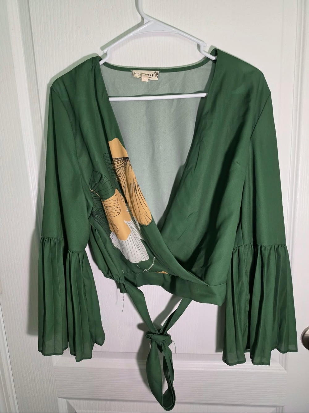 Green Floral Tie-Waist Wrap Blouse with Bell Sleeves